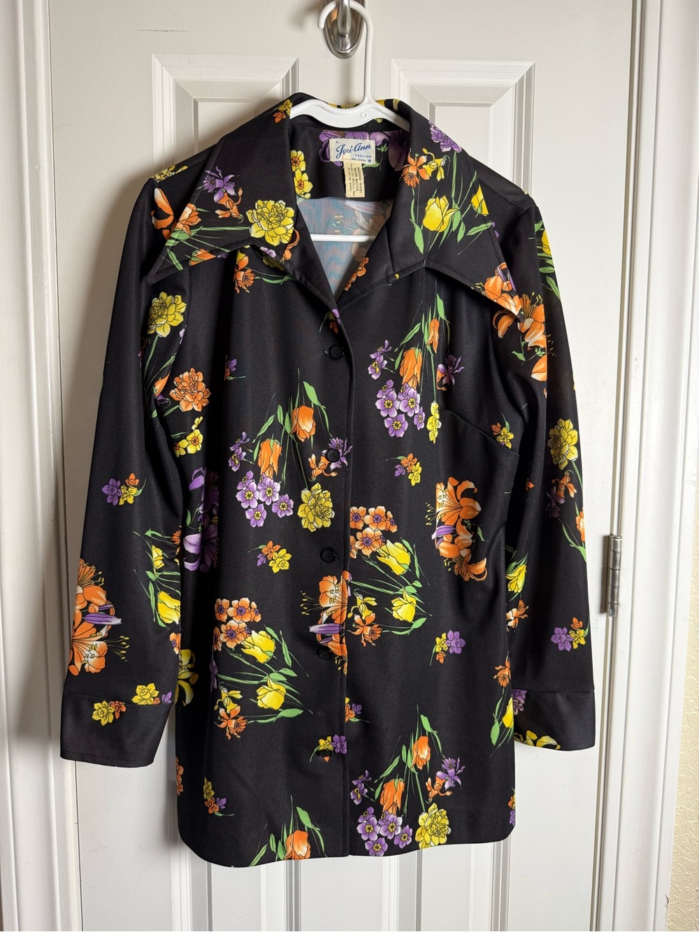 Vintage Black Floral Button-Up with Orange, Lavender & Yellow Blooms